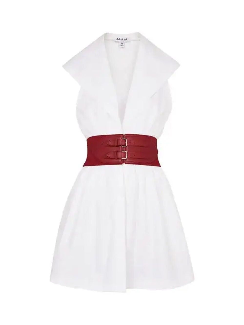 ALAIA White Mini Dress with Red Double-Buckle Waist Cinch